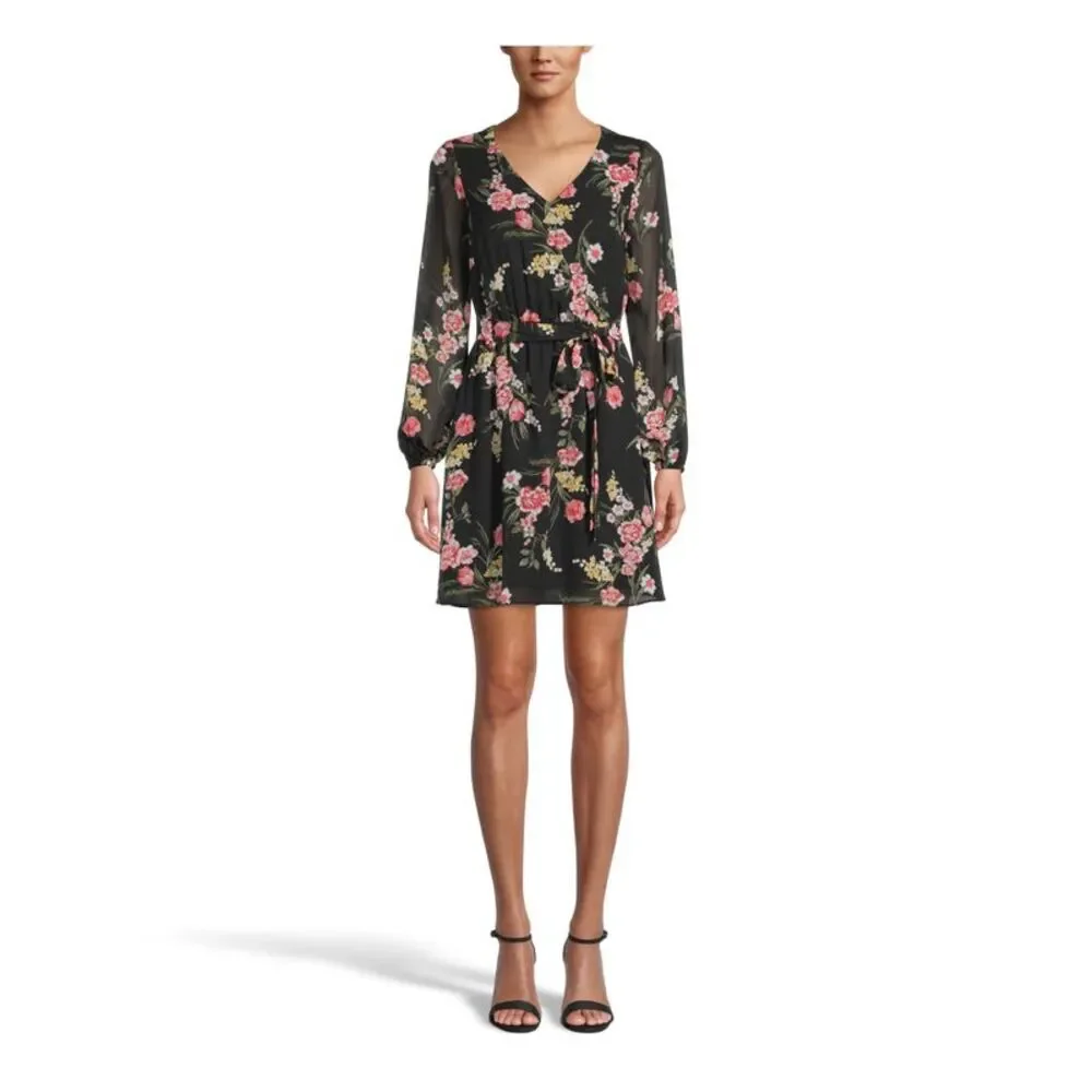 BAR III Womens Belted Chiffon Long Sleeve V Neck Short Dress